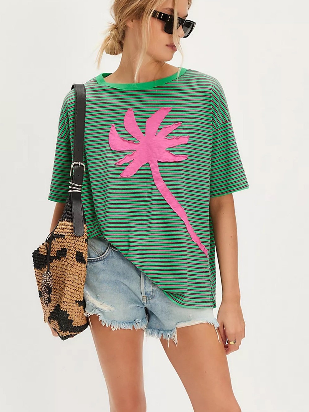 Free People Ragabond Striped Palm Applique Tee Green Stripe
